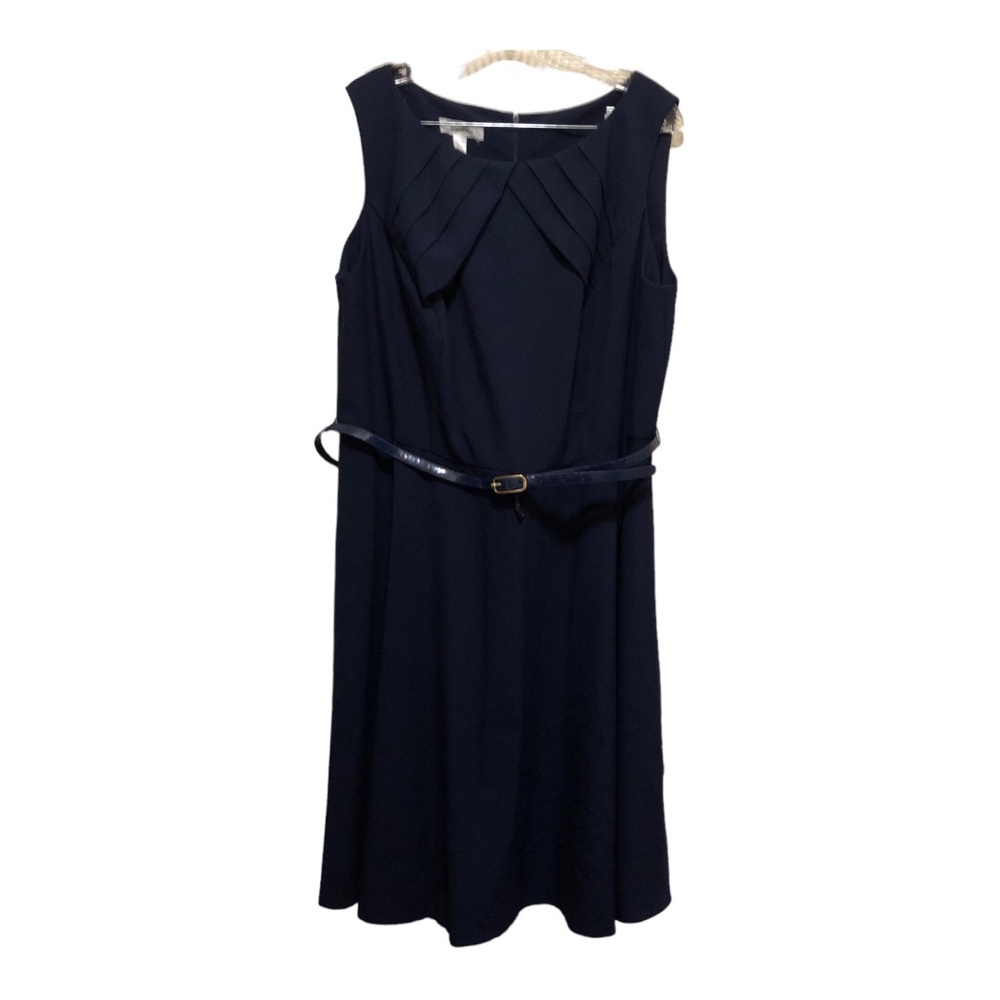 Dressbarn Sleeveless Belted Diagonal Pleated  Front Dress Size 18 W Dark Blue